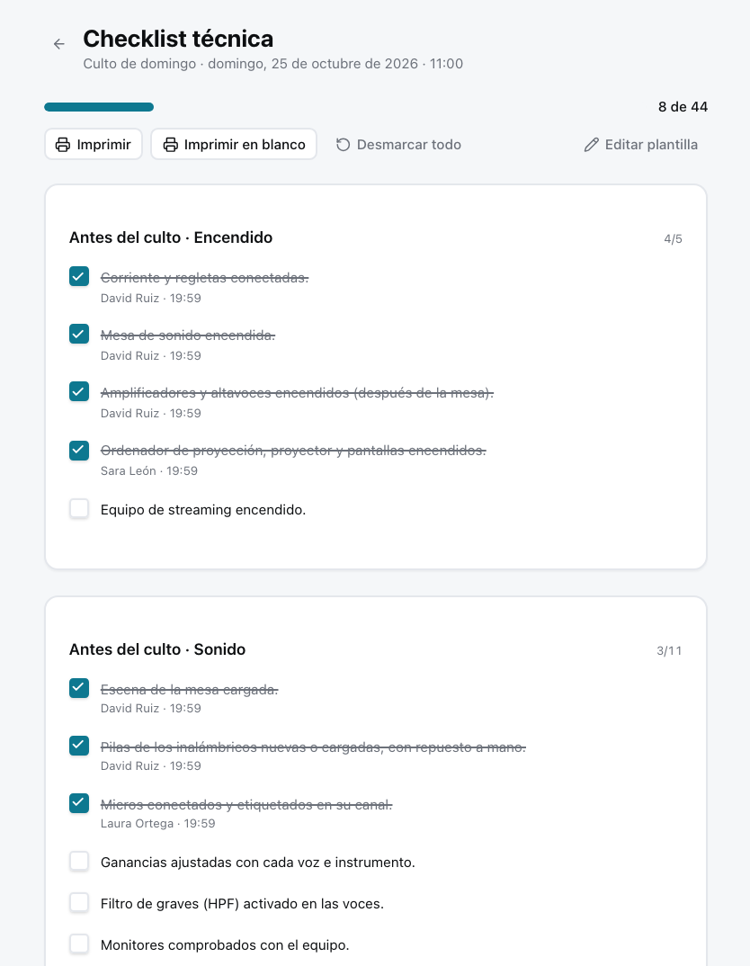 La checklist técnica de un servicio en Worshi